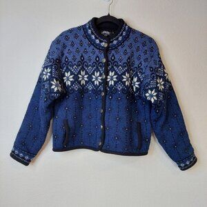 Icelandic Design Snowflakes Lined Wool Sweater Cardigan Size Meduim